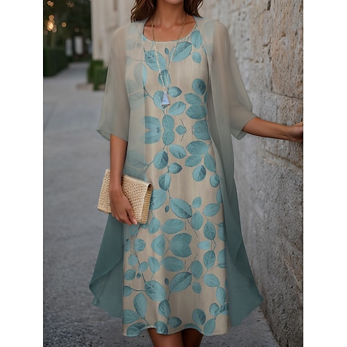 Abito di Laurea da Donna Abito Midi Due Pezzi Set Ospite Matrimonio Abito Cocktail Floreale Chiffon Casual Moda Elegante Moderna Stampa Primavera Girocollo Manica Mezza Vestibilità Larga Rosa Blu