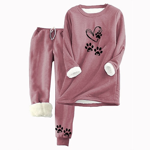 Completi da donna 2 pezzi con felpa e pantaloni tuta calda per la vita quotidiana set di pantaloni jogger a maniche lunghe collo rotondo stampa con gatto e lettere casual quotidiana rosa grigio