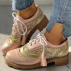 scarpe oxford con punta a coda di rondine glitterate rosa e grigie da donna con suola spessa - eleganti brogue con lacci per outfit casual e particolari