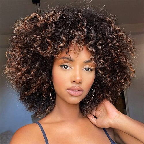 Parrucche ricce per donne nere 14 pollici parrucche afro ricce morbide con frangia parrucche ricce miste in tinta biondo marrone parrucche ricce complete per uso quotidiano parrucche di Halloween