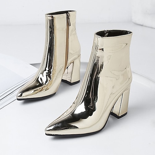 stivaletti da donna in metallo argentato con fodera in pelliccia sintetica, punta affusolata e tacco a blocco, caldi stivaletti alla moda per feste autunnali e invernali e serate fuori