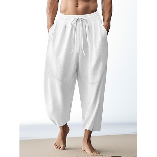 100% lino Per uomo Pantaloni di lino Pantaloni Pantaloni estivi Pantaloni a carota affusolati Tasche A cordoncino Vita elastica Liscio Traspirante Comodo Giornaliero Da mare Per uscire Classico