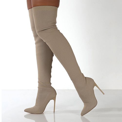 stivali da donna con tacco a spillo sopra il ginocchio in tessuto elasticizzato, stile elegante alto fino alla coscia per abiti da sera e abiti da discoteca