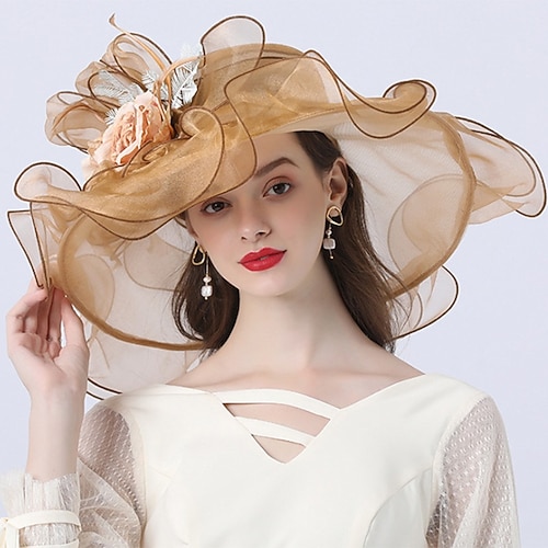 Cappelli Copricapi Cappello a Secchiello di Tulle Organza Cappello di Paglia Cappello da Sole Matrimonio All'aperto Melbourne Cup Cocktail Royal Ascot Moda Stile Vintage Con Fiocchetto Fiore