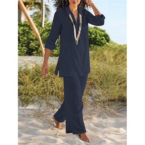 Completo da donna in cotone e lino, due pezzi, basic casual, comfort, camicia e pantaloni in tinta unita, per le vacanze, per la casa, tutti i giorni, manica lunga, risvolto, nero, marrone, kaki, blu scuro, estate e primavera.