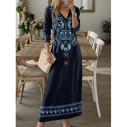 Maxi Abito da Donna Abito Casual Abito a T-Shirt Abito a Tee Stampa Floreale Tribale Tasche Scollo A V Abito Lungo Maxi Abito Vintage Etnico Appuntamento Vacanza Manica Lunga Autunno Inverno