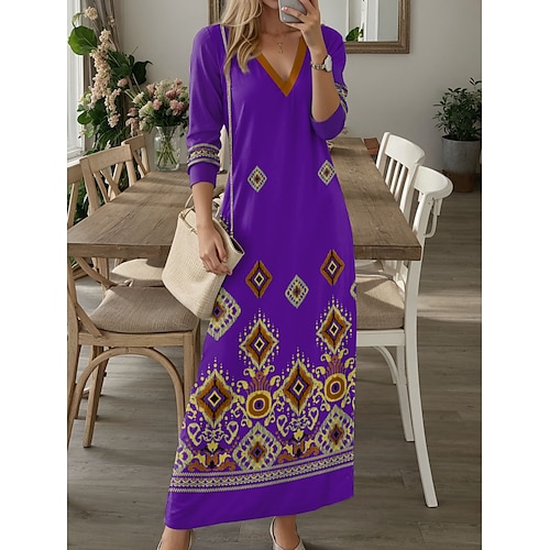 Maxi Abito da Donna Abito Casual Abito a T-Shirt Abito a Tee Stampa Floreale Tribale Tasche Scollo A V Abito Lungo Maxi Abito Vintage Etnico Appuntamento Vacanza Manica Lunga Autunno Inverno