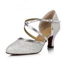 scarpe da ballo glitterate argento con cinturino incrociato e fibbia – comode scarpe col tacco da ballo latino e da sala per donna