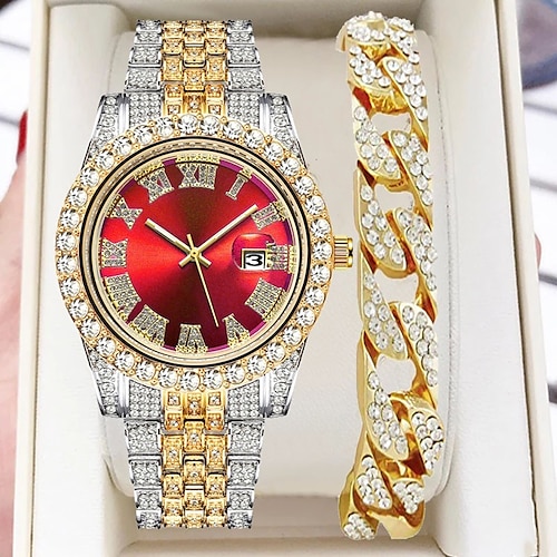 orologio al quarzo da uomo con bracciale a catena set moda lusso bling diamante hiphop analogico uomo orologio da polso al quarzo calendario orologio da uomo impermeabile