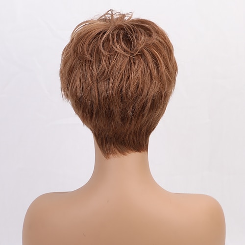 Miscela di capelli umani Parrucca Corto Liscio Diritto naturale Taglio corto spettinato Parte laterale Taglio scalato Taglio asimmetrico Bianco Marrone Cosplay Bigodino e piastra per capelli