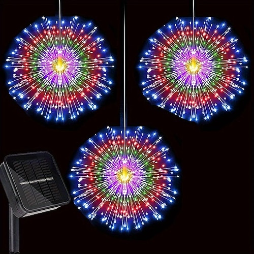 1 pz luci solari per fuochi d'artificio pannello solare con 3 pz luci a stella a 270 led appese filo di rame luci esterne impermeabili 8 modalità di illuminazione luci decorative per ombrellone da patio, grondaia, giardino