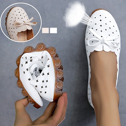 mocassini pieghevoli bianchi da donna - scarpe basse traspiranti traforate con fiocco, suola morbida, scarpe comode e casual per lavoro, viaggi e uso quotidiano