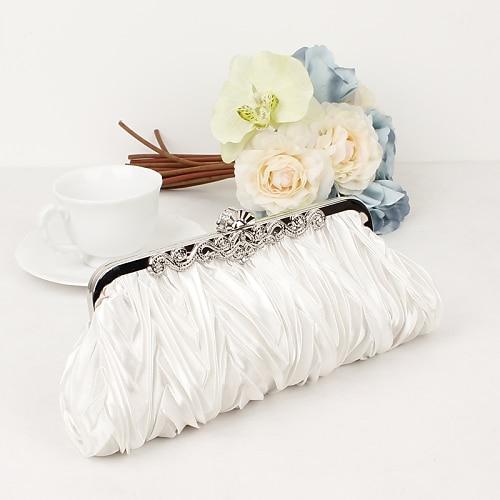 pochette da sera plissettata in raso bianco da donna – elegante borsa a mano con montatura in metallo floreale per matrimoni, cocktail ed eventi formali