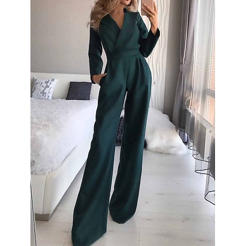 Per donna Normale Tuta Elegante Tinta unica Manica lunga A V Tasche Vita alta Ufficio Strada Standard Nero Bianco Vino Estate