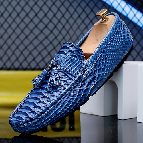 mocassini da uomo in finta pelle di serpente blu con nappe – eleganti scarpe eleganti slip-on per occasioni formali e casual