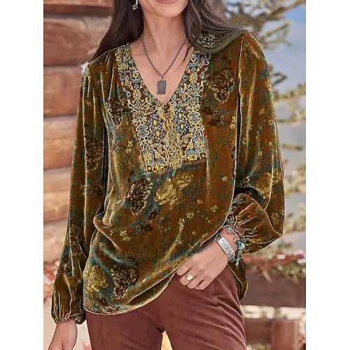 camicia da donna camicia boho camicetta velluto base stampa floreale manica lunga top regolari scollo a V festa capodanno giallo rosso viola grigio primavera autunno