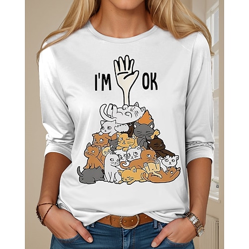 T-shirt Donna Maniche Lunghe Collo Rotondo Maniche Lunghe Tunica Animale Cane Lettera Divertente Manica Corta Collo Tondo Tops Regolari Giornalieri Weekend Stampa Bianca Marrone Chiaro Viola Khaki