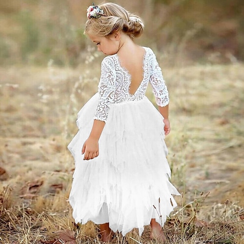 Abito da damigella d'onore bambina Da ragazza Vestito Vestito da festa Matrimonio Feste Ricevimento di matrimonio Elegante Festa Viola Pizzo Schiena scoperta Tinta unita Manica lunga Girocollo Bianco