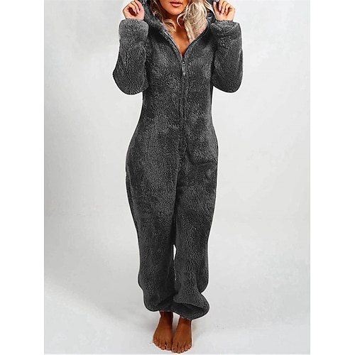 pigiama intero da donna con cappuccio in pile rosso tinta unita manica lunga invernale pigiama comodo abbigliamento da casa abiti da casa comodi