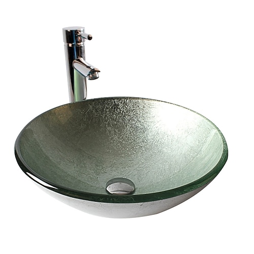 lavabo da toeletta artistico rotondo lavabo da bagno vaso in vetro temperato ciotola da 16,5 pollici, miscelatore per lavabo artistico con scarico a scomparsa, piano di lavoro a forma di barca sopra il bancone del bagno