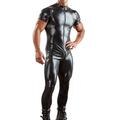 tuta sexy da uomo in ecopelle body body canottiera clubwear slim fit da cocktail nero tinta unita cerniera frontale manica corta girocollo