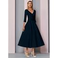 Abiti da Sposa da Mare A-Line Oro Madre della Sposa Abito Ospite di Matrimonio Elegante Vintage Taglia Forte Scollo a V Lunghezza Té Satin Maniche 3/4 con Pieghe per impressionare senza costo
