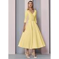 Abiti da Sposa da Mare A-Line Oro Madre della Sposa Abito Ospite di Matrimonio Elegante Vintage Taglia Forte Scollo a V Lunghezza Té Satin Maniche 3/4 con Pieghe per impressionare senza costo