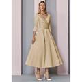 Abiti da Sposa da Mare A-Line Oro Madre della Sposa Abito Ospite di Matrimonio Elegante Vintage Taglia Forte Scollo a V Lunghezza Té Satin Maniche 3/4 con Pieghe per impressionare senza costo