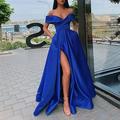 Matrimonio in spiaggia Abito da sera A-line Stile celebrità Abito Prom Lunghezza terra Manica corta Collo a V Autunno Invitato Matrimonio Raso con Fessura