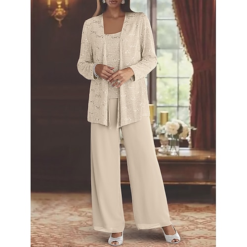 Tuta Completo Pantalone Tre Pezzi Lunghezza al pavimento Abito da cerimonia per signora Senza Maniche Scollo Tondo Elegante Ospite di nozze Chiffon Pizzo Con Stola con Paillettes