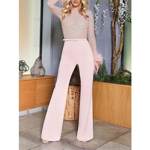 Damen-Overall, hohe Taille, Feder, glitzernd, einfarbig, Rundhalsausschnitt, Streetwear, Hochzeit, Party, normale Passform, lange Ärmel, Weiß, Rosa, Blau, S, M, L, Sommer Image