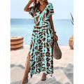 Damen Casual kleid Sommerkleid Blatt Leopard Gespleisst Bedruckt V Ausschnitt kleid lang Urlaub Kurzarm Sommer
