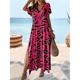 Damen Casual kleid Sommerkleid Blatt Leopard Gespleisst Bedruckt V Ausschnitt kleid lang Urlaub Kurzarm Sommer