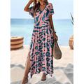 Damen Casual kleid Sommerkleid Blatt Leopard Gespleisst Bedruckt V Ausschnitt kleid lang Urlaub Kurzarm Sommer