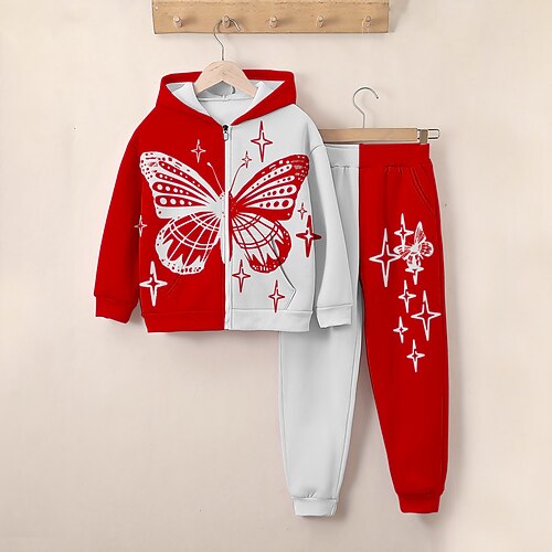 Mädchen 3D Schmetterling Set aus Kapuzenpullover und Jogginghose Langarm 3d Drucken Frühling Herbst Aktiv Modisch Kuschelig kinderkleidung 3-12 Jahre Reissverschluss Mit Kapuze Outdoor Strasse Image