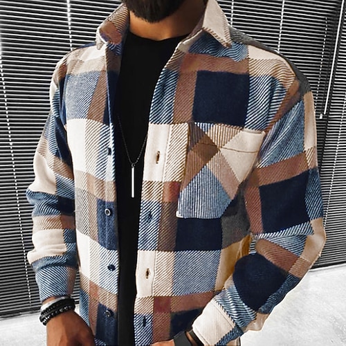 Herren Flanellhemd Hemdjacke Overshirt Tartan Straße Täglich Braun Dunkelgray Langarm Umlegekragen Frühling Herbst Bekleidung Button-Down