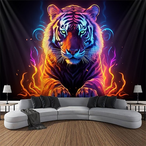 Schwarzlicht Wandteppich UV reaktiv im Dunkeln leuchtend Party Neon Tiger Tier psychedelisch trippig neblig hängender Wandteppich Wandbild für Wohnzimmer Schlafzimmer Image