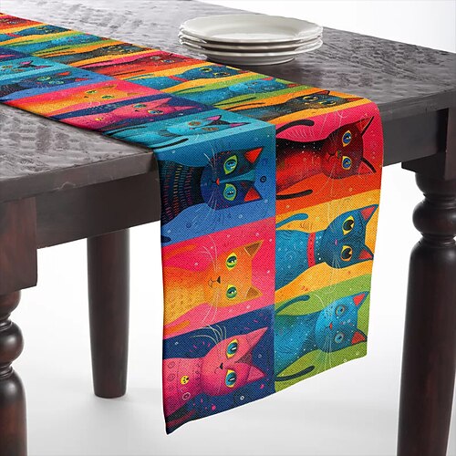 Tischläufer mit Tierkatzen-Aufdruck, Küchen-Esstischdekoration, Tischläufer mit Aufdruck für drinnen und draußen, Zuhause, Bauernhaus, Urlaub, Hochzeit, Geburtstag, Party-Dekoration Image