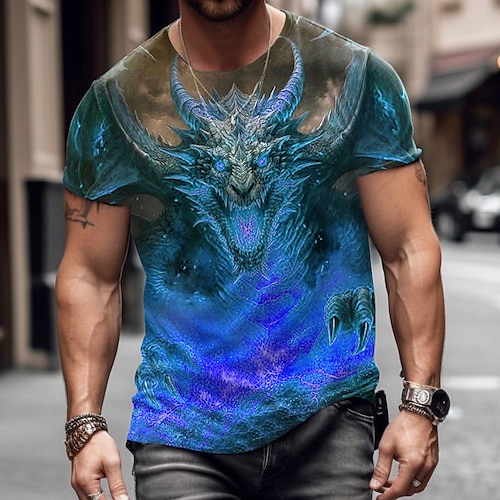 Herren Tiermotiv Drache T Shirt Grafischen T-Shirt Kurzarm T-Shirt 3D-Druck Rundhalsausschnitt Hemd Designer Lässig Outdoor Urlaub Täglich Gelb Blau Purpur Frühling Sommer Bekleidung S M L XL 2XL Image