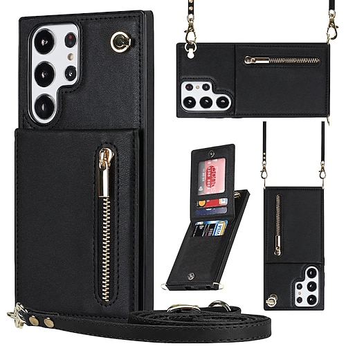 Handy Hülle Handyhüllen Für Samsung Galaxy S26 Ultra Plus S25 S24 S23 S22 S21 FE S21 Ultra Plus Rückseite Brieftaschenhülle Mit Ständer Reisverschluss mit Trageriemen TPU PU-Leder