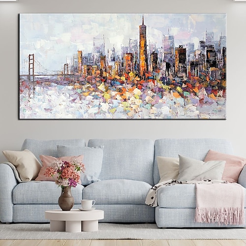 Große Wandkunst, handgefertigt, San Francisco Skyline-Gemälde, handgemalte Wandkunst, schwarz-weiße abstrakte Kunst, Spachtel, Stadtkunst, Heimdekoration, Dekor, gerollte Leinwand Image