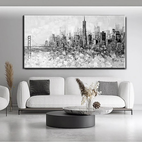 Große Wandkunst, handgefertigt, San Francisco Skyline-Gemälde, handgemalte Wandkunst, schwarz-weiße abstrakte Kunst, Spachtel, Stadtkunst, Heimdekoration, Dekor, gerollte Leinwand Image