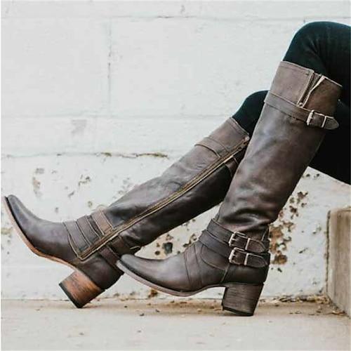 Damen Stiefel Reitstiefel Outdoor Kniehohe Stiefel Schnalle Blockabsatz Spitze Zehe Vintage Lässig Kunstleder Reißverschluss Schwarz Braun