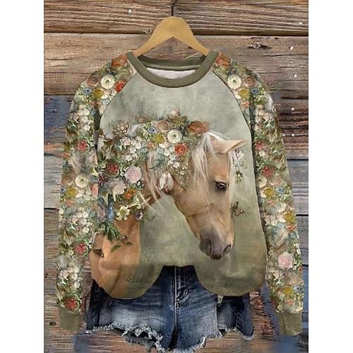 Damen-Sweatshirt, Pullover, Blumenmuster, Grafik, lässig, Sport-Print, aktive Sportbekleidung, Rundhalsausschnitt, langärmeliges Oberteil, mikroelastisch, Herbstamp;Winterkomfort, atmungsaktives,