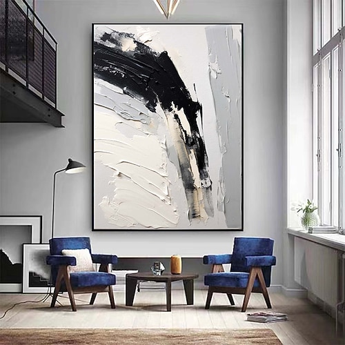 Großes, handgefertigtes Goldfoliengemälde, handgemaltes Schwarz-Weiß-Ölgemälde, Wandkunst, abstrakte Gemälde, abstrakte Kunst, beige, weiß, minimalistisches Gemälde auf Leinwand, Dekor, gerollte Image