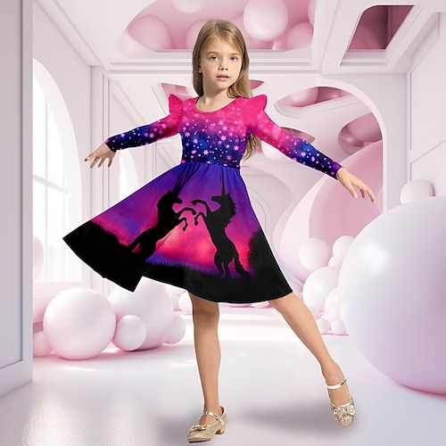 Mädchen' 3D Galaxis Einhorn Rüschenkleid Langarm 3D-Druck Herbst Winter Urlaub Sport Natur Täglich Kuschelig Brautkleider schlicht Schön kinderkleidung 3-12 Jahre Casual kleid A Linie Kleid Übers Image