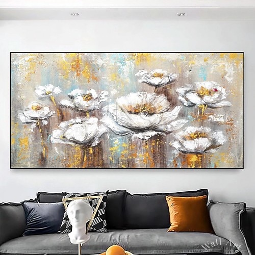 Handgefertigtes Ölgemälde auf Leinwand, Wandkunst, Dekoration, moderne, dicke, geölte weiße Blume für Wohnzimmer, Wohnkultur, gerolltes, rahmenloses, ungedehntes Gemälde Image