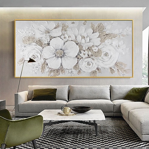 Handgefertigtes Ölgemälde auf Leinwand, Wandkunst, Dekoration, moderne, dicke, geölte weiße Blume für Wohnzimmer, Wohnkultur, gerolltes, rahmenloses, ungedehntes Gemälde Image