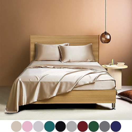 4-teiliges Satin-Bettlaken-Set für Hotels, luxuriöse seidige Bettwäsche, weiche Premium-Satin-Bettwäsche, knitterfreiamp; Farbbeständiges Bettwäsche-Set, bestehend aus 1 Spannbettlaken mit tiefen Image