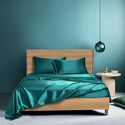 4-teiliges Satin-Bettlaken-Set für Hotels, luxuriöse seidige Bettwäsche, weiche Premium-Satin-Bettwäsche, knitterfreiamp; Farbbeständiges Bettwäsche-Set, bestehend aus 1 Spannbettlaken mit tiefen Image